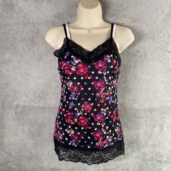 Y2k Tank Top Small Floral Polka Dot Cami  Black Lace Trim Fairy Grunge Indie - Picture 1 of 8